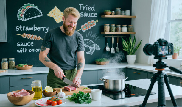 Caucasian young adult man filming cooking tutorial while chopping raw meat in home kitchen, creating food content for social media marketing, medium shot