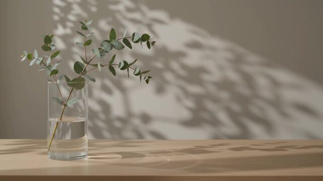 Eucalyptus branch in glass vase with swaying sunlight shadows on minimalist wall