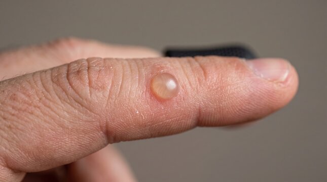 Macro view of intact clear fluid friction blister on male finger skin