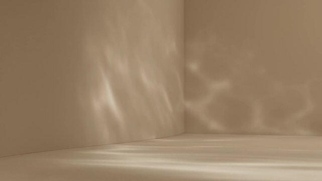 Minimalist beige room corner with caustic water light reflections 3d render background