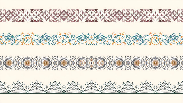 Four decorative horizontal borders with geometric and floral patterns isolated on a transparent background