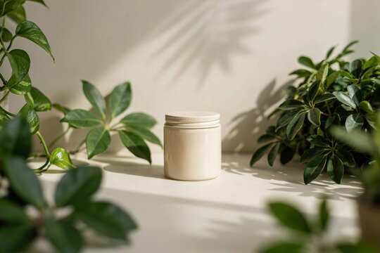 Blank cosmetic jar mockup surrounded by lush green plants in natural sunlight