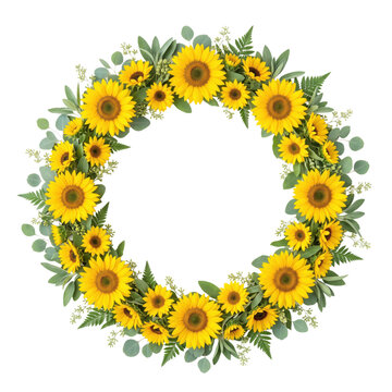 Circular floral frame made of bright sunflowers and green leaves isolated on transparent background.