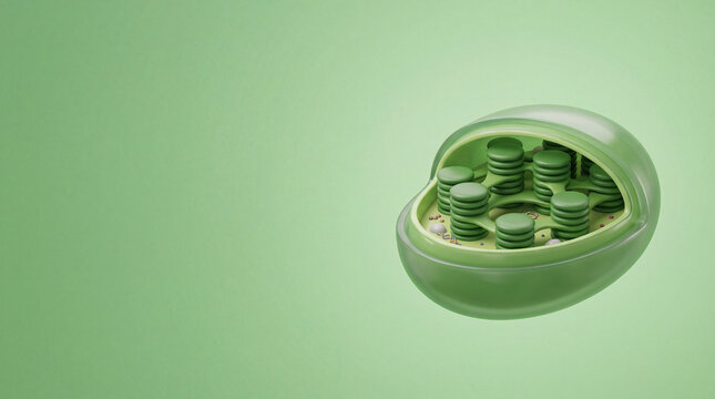 3d render of plant cell chloroplast with detailed internal thylakoid stacks against a soft green background