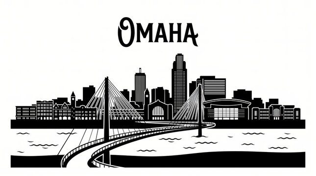 Highly detailed Omaha, Nebraska skyline silhouette featuring First National Bank Tower, Union Station, Bob Kerrey Pedestrian Bridge, Old Market architecture, Missouri River waterfront