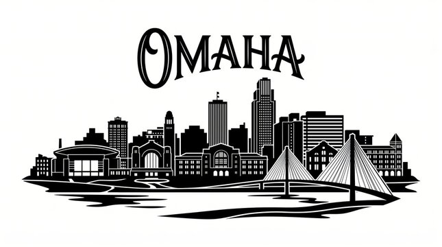Highly detailed Omaha, Nebraska skyline silhouette featuring First National Bank Tower, Union Station, Bob Kerrey Pedestrian Bridge, Old Market architecture, Missouri River waterfront