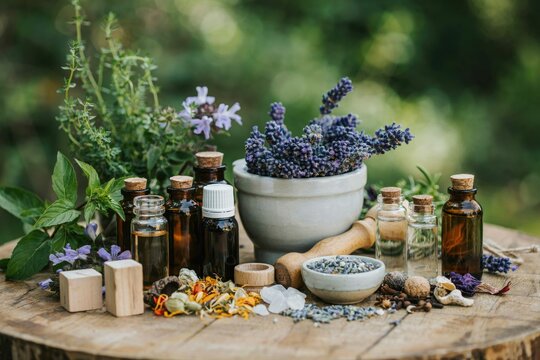 Assortment of essential oils, fresh herbs, and dried flowers on wooden table