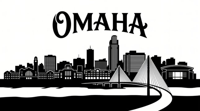 Highly detailed Omaha, Nebraska skyline silhouette featuring First National Bank Tower, Union Station, Bob Kerrey Pedestrian Bridge, Old Market architecture, Missouri River waterfront