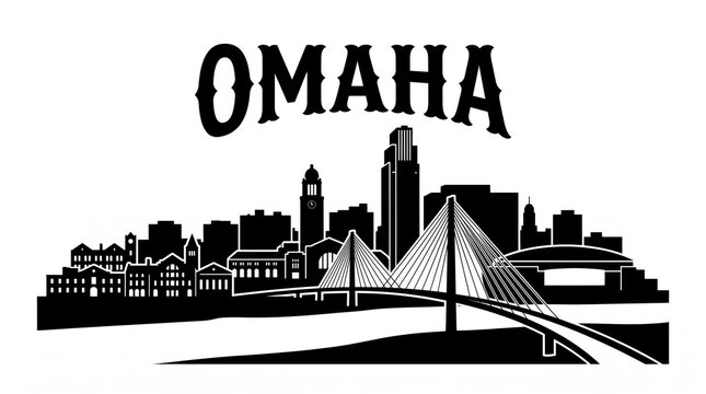 Highly detailed Omaha, Nebraska skyline silhouette featuring First National Bank Tower, Union Station, Bob Kerrey Pedestrian Bridge, Old Market architecture, Missouri River waterfront