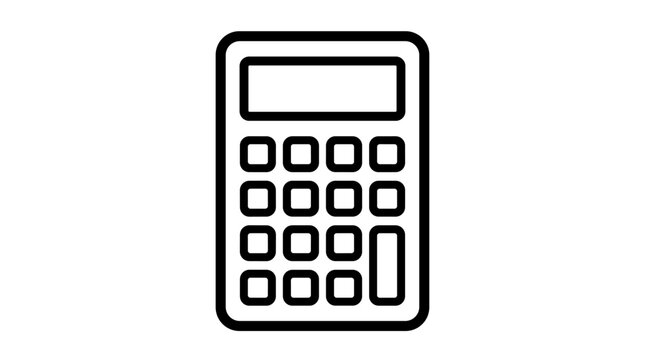 Black outline calculator icon on a white background, simple flat design graphic element