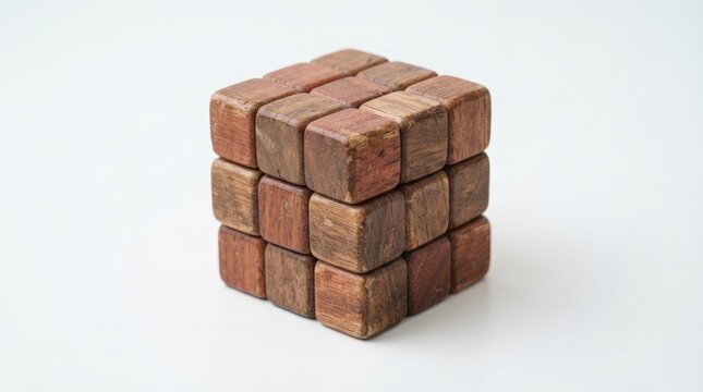 Wooden block puzzle cube isolated on white background