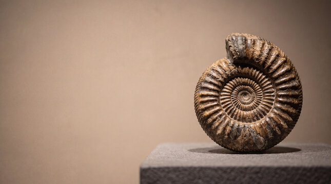 Fossilized ammonite shell ancient marine fossil displayed on stone pedestal museum artifact