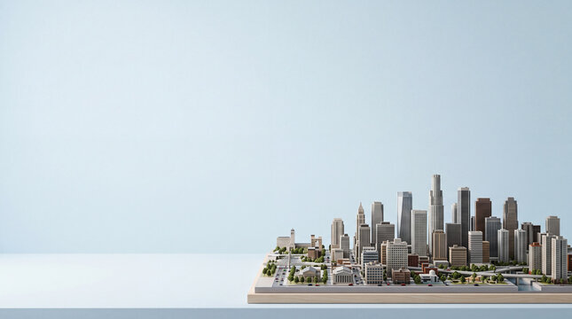 Miniature city model with modern skyscrapers and urban architecture displayed on light blue background