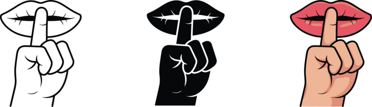 Silence Gesture Icon, finger on lips in outline, filled, and colored styles for mute, quiet, privacy, secrecy, warning, and communication