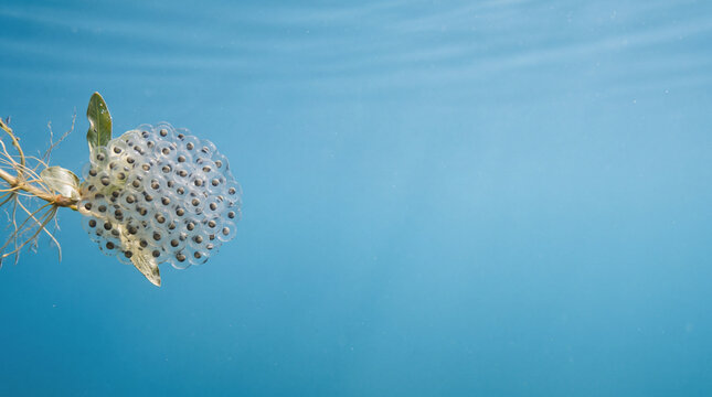 Frog spawn cluster floating underwater with green plant nature wildlife aquatic biology concept