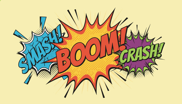 Set of three classic comic book sound effect speech bubbles with the words smash boom and crash is shown.