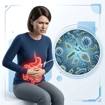 Woman suffering from severe abdominal pain and digestive distress caused by intestinal parasites and bacterial infection, conceptual medical illustration