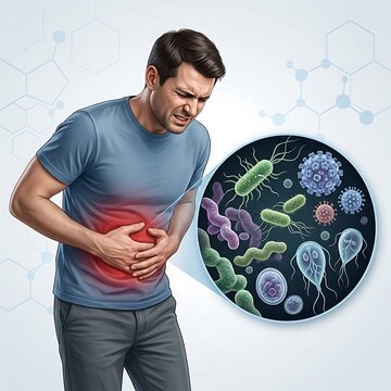 Man suffering from severe abdominal pain caused by a gastrointestinal infection with various pathogens