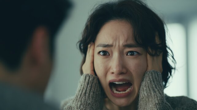 Stressed Woman screaming at her husband and coworkers,overwhelmed by work related stress,mental health,anxiety,,emotional,burnout concept.