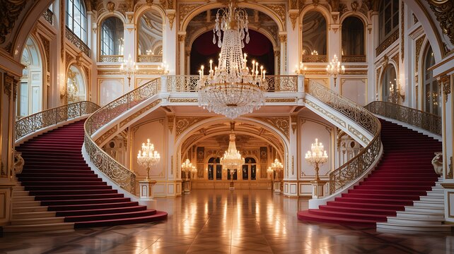 Grand staircase in a luxury palace hall with chandeliers