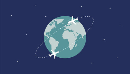 Fototapeta premium Two airplanes fly in orbits around a teal globe illustration set against a starry night sky background.