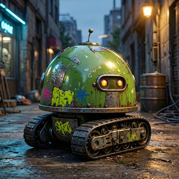 
Cute Green Robotic Toy with Tank Treads in Urban Alleyway
