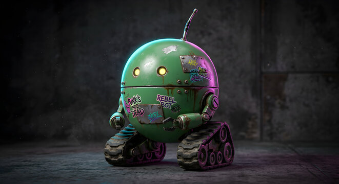 
Cute Green Robotic Toy with Tank Treads in Urban Alleyway