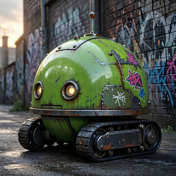 
Cute Green Robotic Toy with Tank Treads in Urban Alleyway
