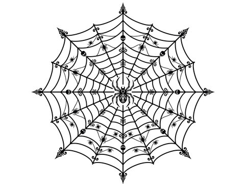 Gothic Halloween Spider Web Frame Design Vector with Skulls and Spiders