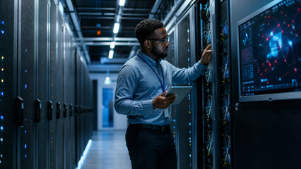 Fototapeta premium African American cybersecurity engineer holding a tablet while inspecting server racks in a high-tech data center