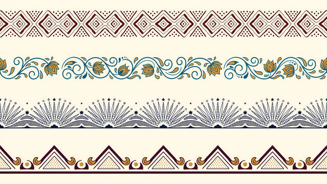 Four decorative horizontal borders with geometric and floral patterns isolated on a transparent background