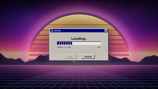 Retro loading progress bar dialog installing files over synthwave sunset and neon grid landscape