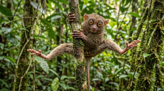 Wild Tarsier Clinging to Tree Trunk in Sulawesi Rainforest