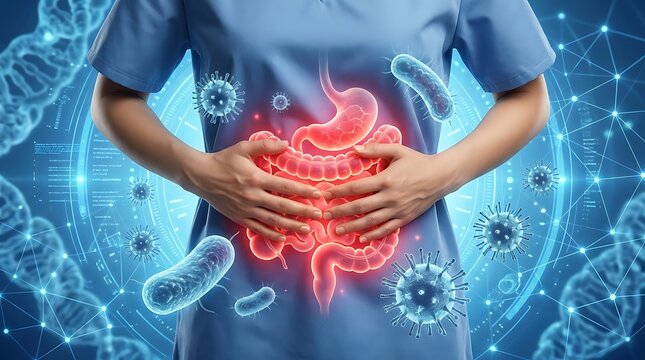 A medical professional holding their abdomen, highlighting the digestive system with surrounding bacteria and virus illustrations in a digital, scientific environment