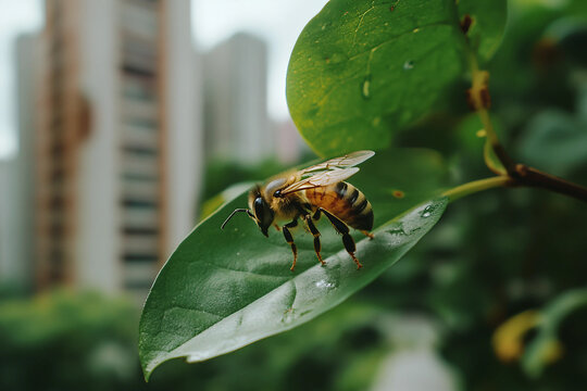 Close-up of a bee resting on a green leaf with modern city skyscrapers in the blurred background on a sunny day, generative ai