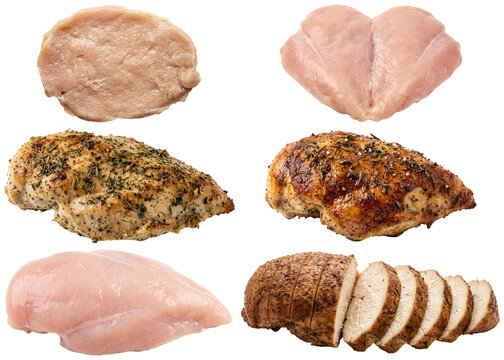 A collection of chicken breast cuts in raw, roasted, smoked, pounded, butterflied, and herb-crusted forms.