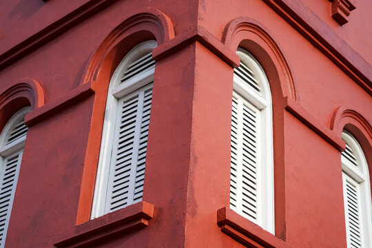 White shutters in red wall, Dutch Square, Melaka, Malydia