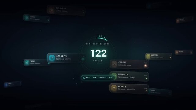 Notification counter rising past one thousand as alert chips flood the screen then reset to zero