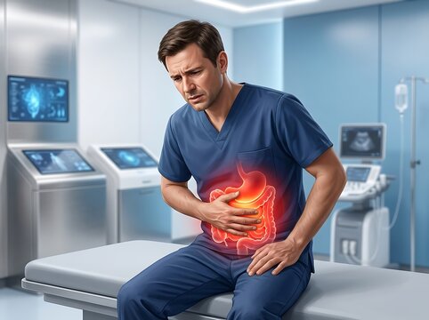 A medical professional in blue scrubs sitting on an examination table, experiencing visible abdominal pain with a glowing illustration of the digestive system