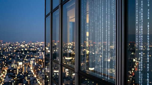 Floating Digital Numbers on Skyscraper Window