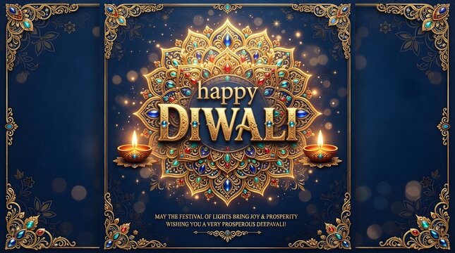 Elegant happy diwali greeting card featuring a golden ornate mandala, glowing diyas, and intricate jeweltoned floral patterns on a deep blue background