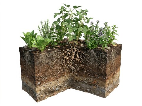 Interconnected plant root systems beneath companion plants showcasing companion planting concept