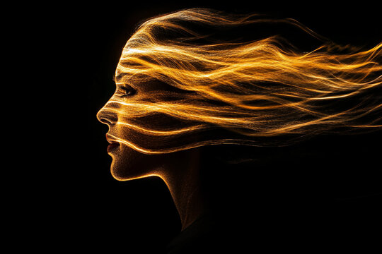 Glowing human figure made of golden light fire particles in darkness showing abstract ethereal beauty and dreamlike energy, generative ai