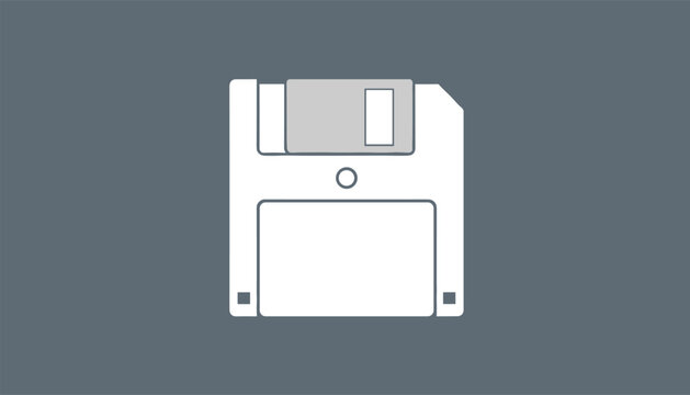 Flat save floppy disk icon with clean white and gray design elements on solid slate gray background.