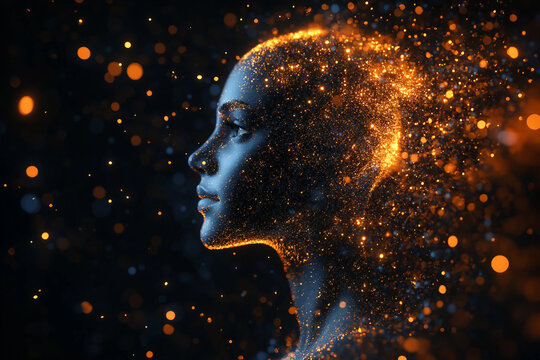 Glowing human figure made of golden light fire particles in darkness showing abstract ethereal beauty and dreamlike energy, generative ai
