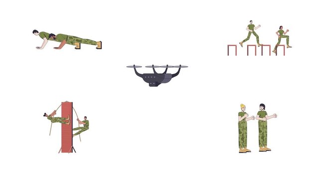 Military physical fitness and obstacle training 2D characters animation pack. Drone hovering. Diverse soldiers recruits exercises animated people cartoon 4K video collection isolated on transparent