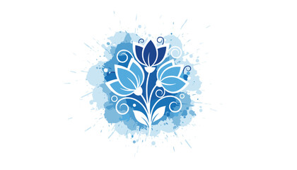 Fototapeta premium Beautiful blue floral bouquet with elegant white lines and leaves set against a soft blue watercolor splash.