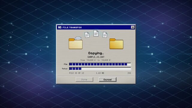 Retro file transfer dialog copying documents between folders until transfer complete