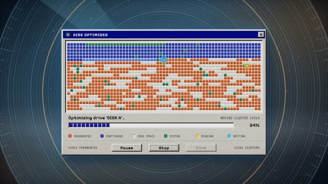 Retro disk defragmenter optimizing drive clusters from fragmented to sorted until complete