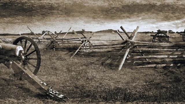 Simulated distressed ,victorian, vintage , photograph of Gettysburg Battlefield, Pennsylvania, USA 